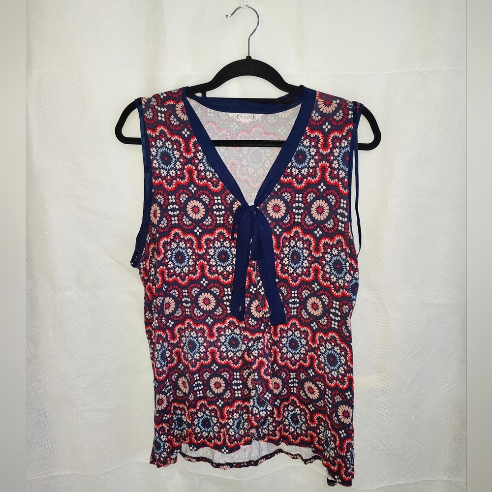 Nanette Lepore Blue & Burgundy Ajrak Pattern Tie Front Sleeveless Top
